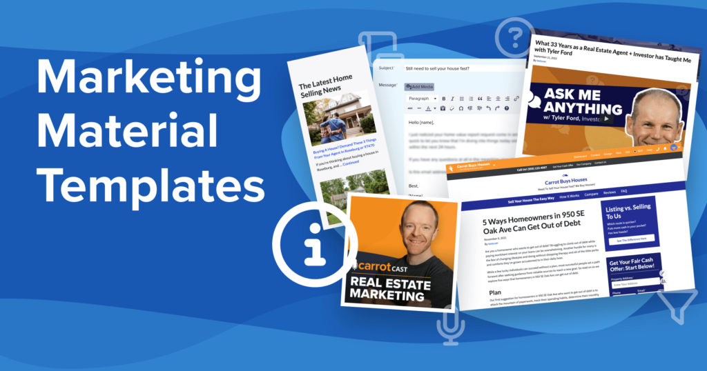 Real estate marketing material templates cover image with several examples of how the templates convey trust and consistency. 