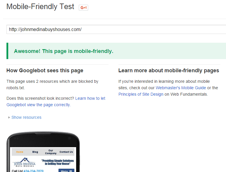 real estate investor website mobile friendly test