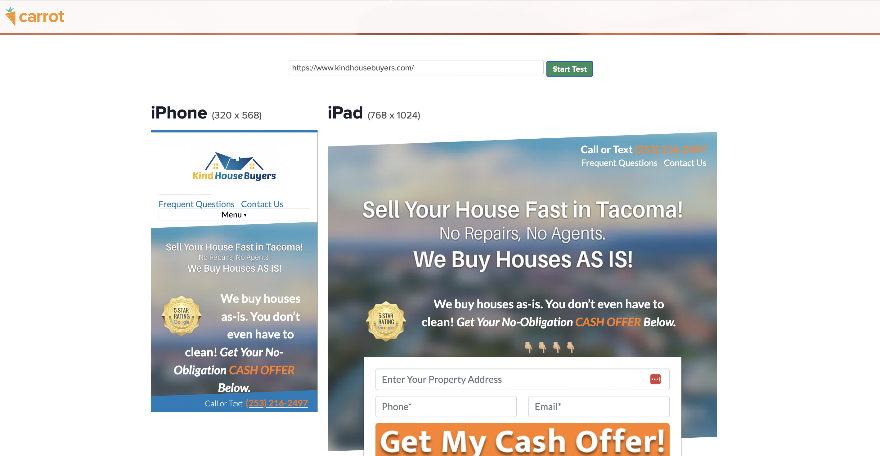 Carrot real estate investor website mobile view