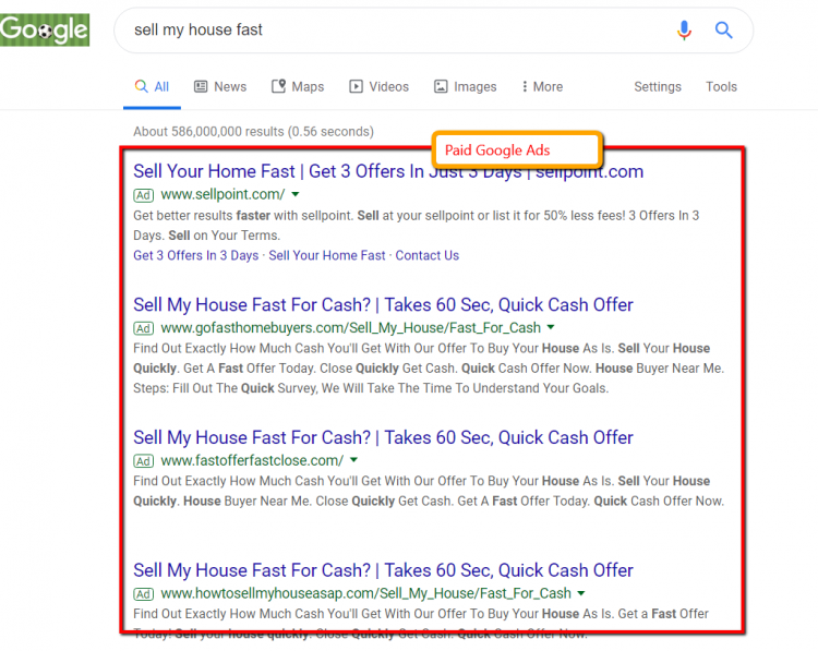 google search results for sell my house fast