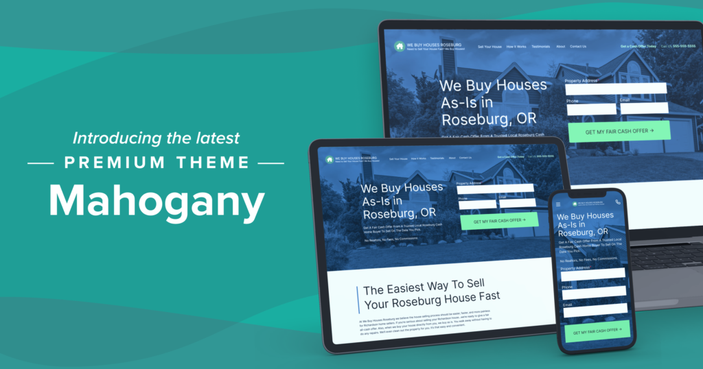 Meet Mahogany - Carrot's latest premium theme. This graphic depicts the Mahogany theme on a Carrot website for 3 different screens - desktop, tablet, and mobile