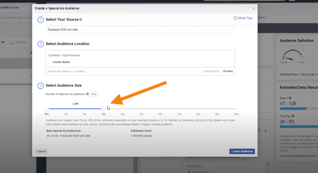 Select Audience Size for your look alike audience