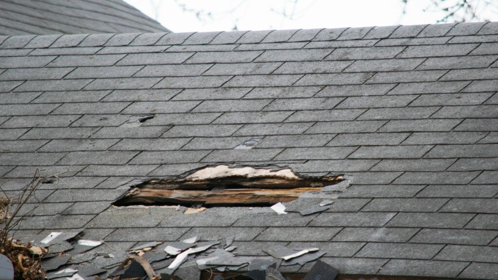 Damaged roof in Spring Valley resulting in a hole that must be repaired prior to conventional sale.