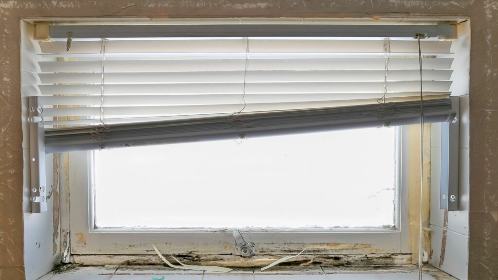 Damaged window in a home in Chula Vista where water has begun to seep into the dwelling and result in mold.