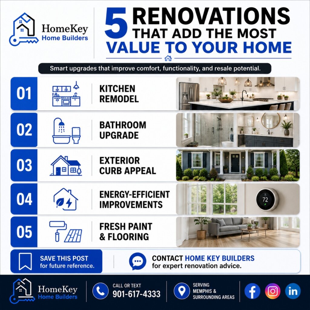Discover the top 5 home renovations that add the most value to your home. Learn how kitchen remodels, bathroom upgrades, curb appeal, energy-efficient improvements, and new flooring can boost your home's resale value with HomeKey Home Builders in Memphis, TN.