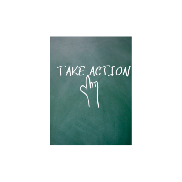 chalk board with finger point to the words take action