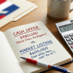 Notebook showing cash offer vs market listing comparison, calculator, and pen on desk for Charlotte home selling decision.