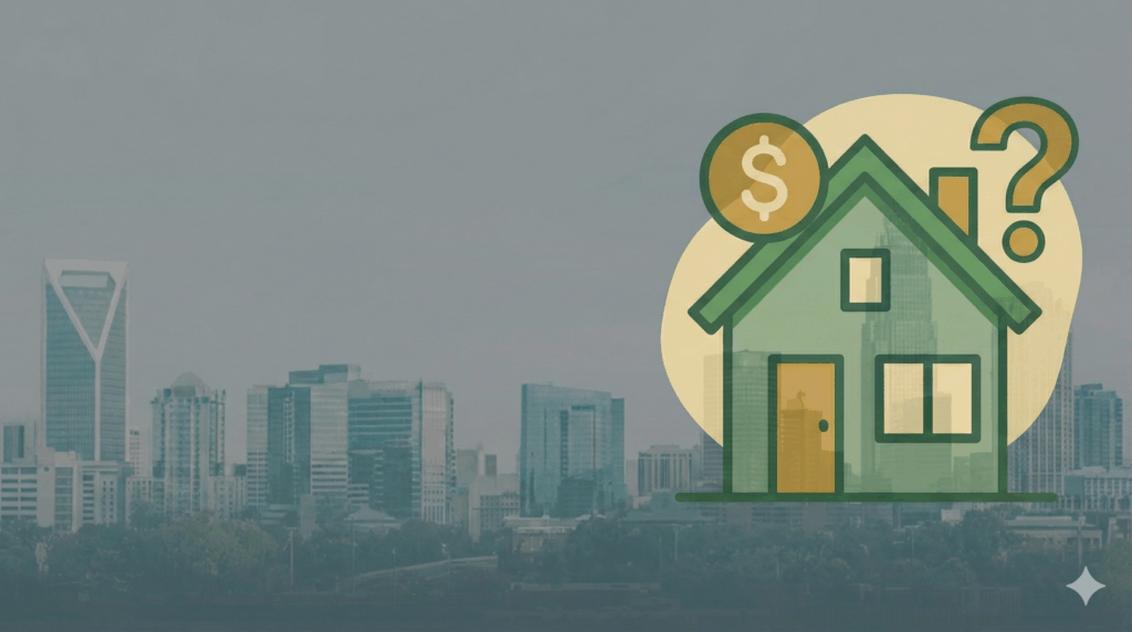 A professional real estate illustration featuring a residential home icon alongside financial symbols, representing the process of evaluating a cash offer on a house. The design features a modern, neutral color palette
