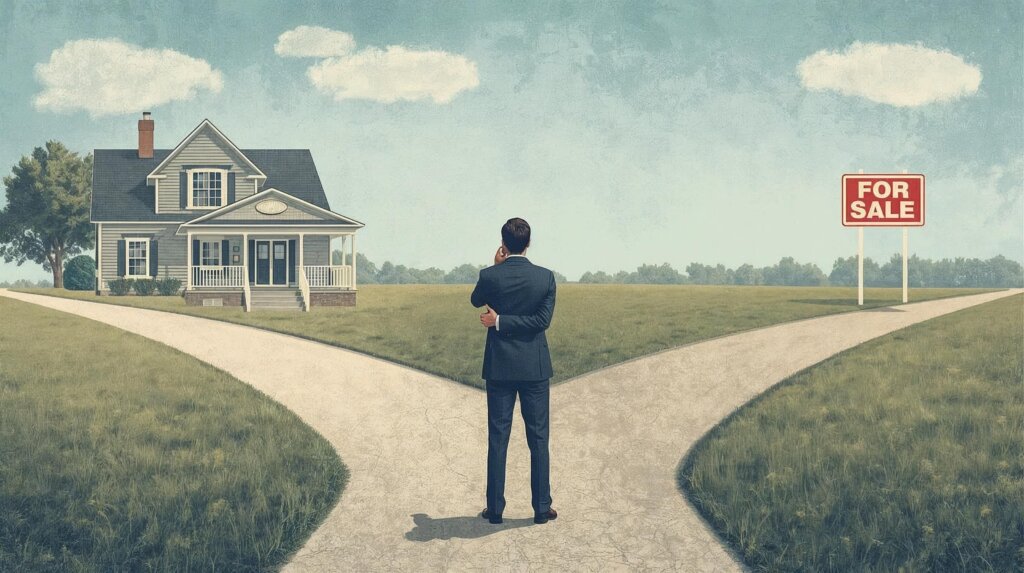 Man standing at a fork in the road. To the left is a house. To the right of him is a For Sale Sign.