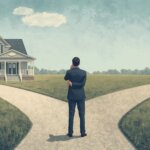 Man standing at a fork in the road. To the left of him is a house. To the right of him is a For Sale Sign.