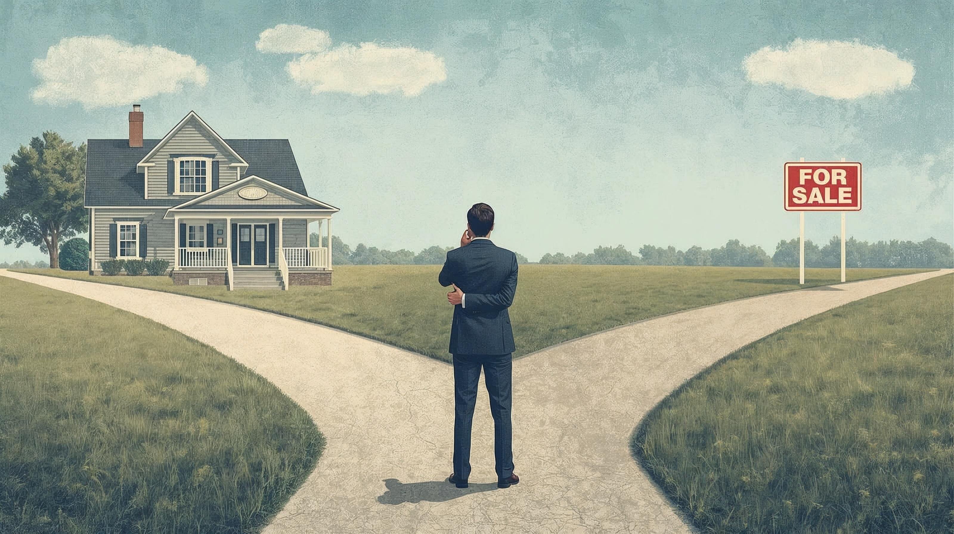 Man standing at a fork in the road. To the left of him is a house. To the right of him is a For Sale Sign.