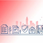 Minimal red-to-white gradient banner with a faint Charlotte skyline and navy line icons showing a house, documents, a checklist, a shield, a clipboard, a repair/inspection symbol, and a handshake, representing safe home-selling and contract review.