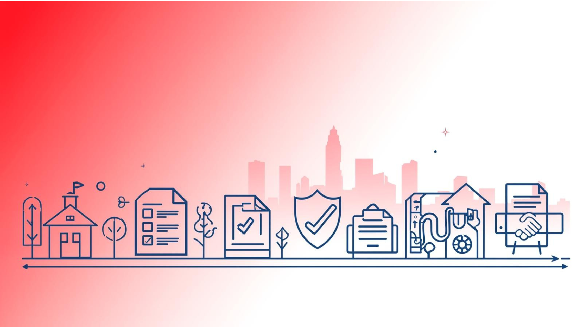 Minimal red-to-white gradient banner with a faint Charlotte skyline and navy line icons showing a house, documents, a checklist, a shield, a clipboard, a repair/inspection symbol, and a handshake, representing safe home-selling and contract review.