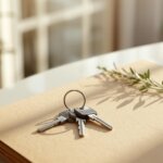 House keys resting on a manila folder in warm sunlight, with a small sprig of greenery and a softly blurred home interior in the background.