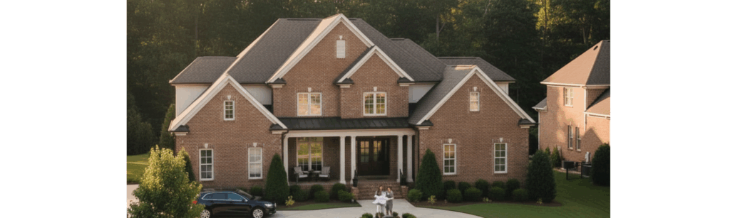 A luxury brick estate in a quiet South Charlotte neighborhood featuring a circular driveway and manicured landscaping, representing discreet off-market real estate opportunities in Ballantyne and Blakeney