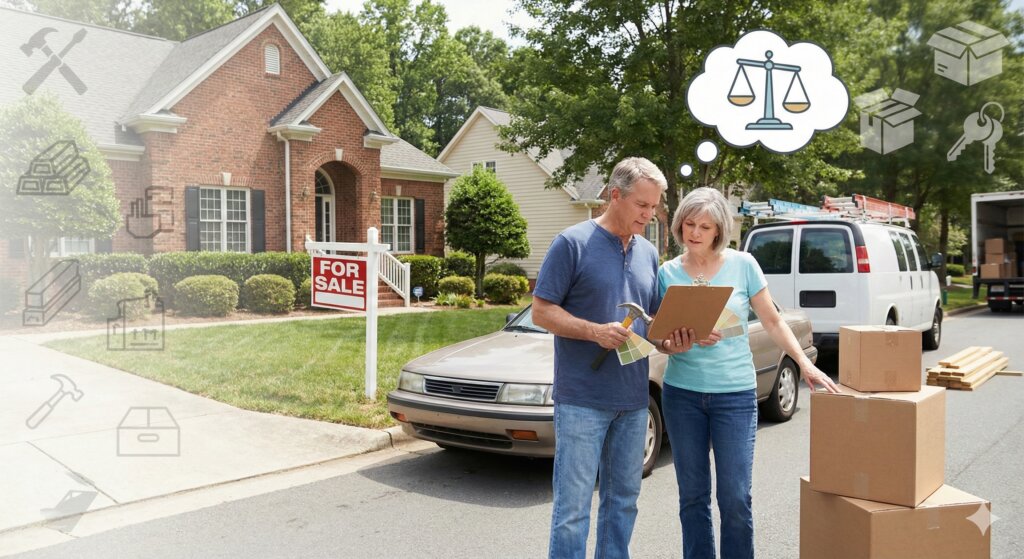 A homeowner couple stands in the driveway of a brick home in Charlotte, North Carolina, reviewing a clipboard near a stack of moving boxes. The man holds a hammer while a contractor's van is parked in the background, and a thought bubble with a balance scale illustrates the decision between making repairs or selling the home as-is.