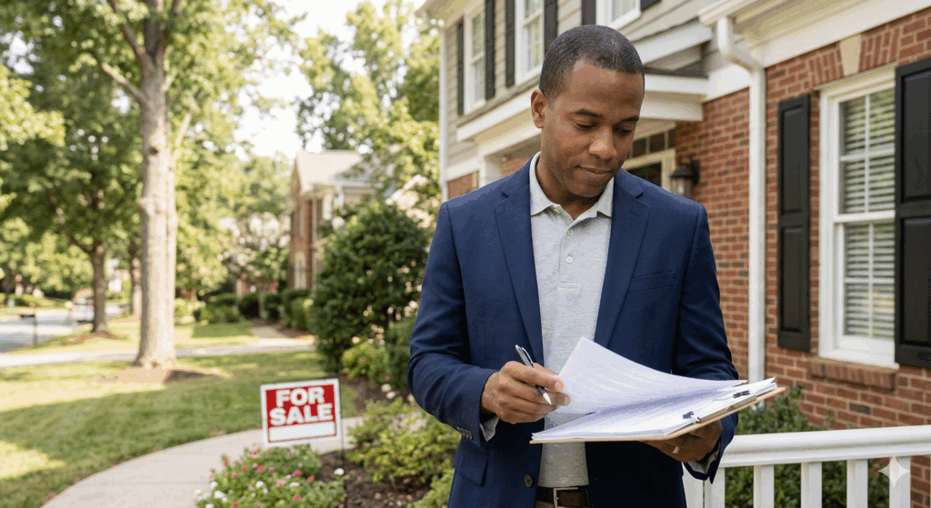 The image depicts a man on a suburban porch (reminiscent of the Ballantyne area) wearing a smart-casual blazer. He is holding a pen and meticulously studying a stack of documents on a clipboard. His expression is focused and thoughtful, visually representing the caution a seller should take before signing a contract. A subtle, text-free "For Sale" style sign is in the yard to establish the context, ensuring the image remains professional, visually relevant, and completely compliant with your no-text rule.