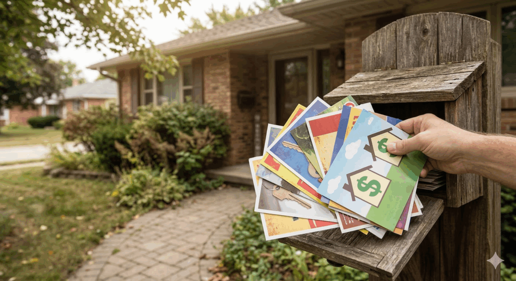 sell your house for cash post cards in a home owners hand