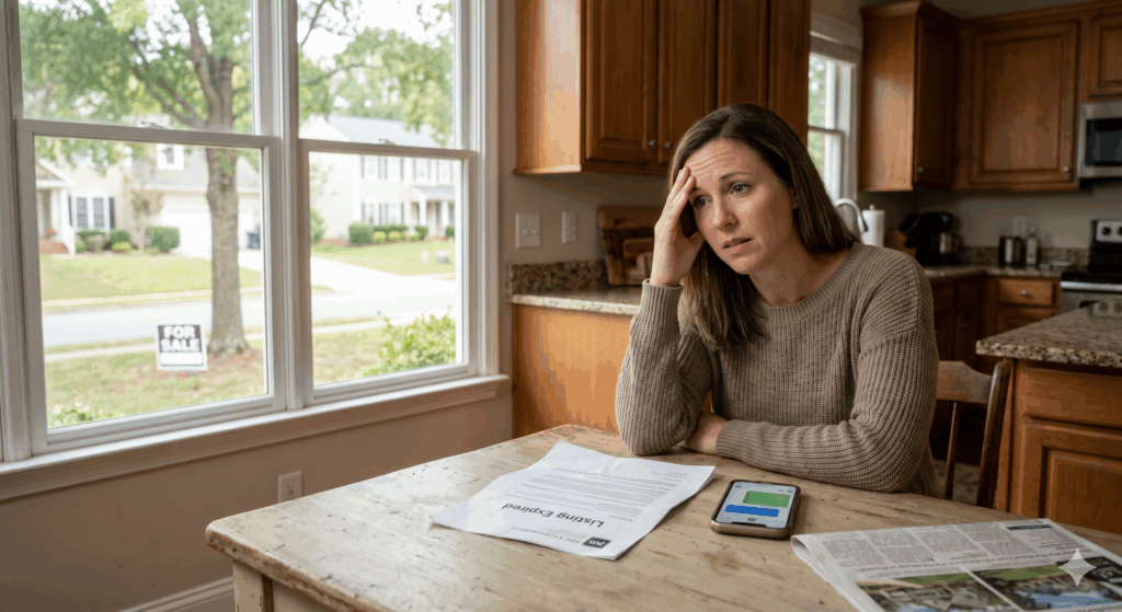 A stressed homeowner sitting at a kitchen table in Charlotte, NC, looking at an expired real estate listing document with a "For Sale" sign visible through the window in the background.