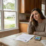 A stressed homeowner sitting at a kitchen table in Charlotte, NC, looking at an expired real estate listing document with a "For Sale" sign visible through the window in the background.