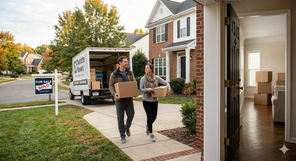 A couple carrying moving boxes toward a moving truck parked in the driveway of a brick suburban home in Charlotte, North Carolina, with a 'Sold' sign in the front yard.