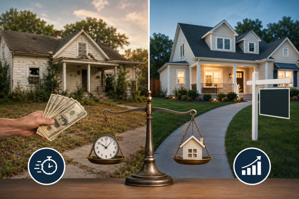 Split-scene image comparing two home-selling options in Charlotte, NC: a distressed house with cash representing a fast as-is sale, and a well-maintained home with a real estate sign representing a traditional listing. A balance scale in the center symbolizes comparing speed, convenience, value, and net proceeds.