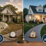Split-scene image comparing two home-selling options in Charlotte, NC: a distressed house with cash representing a fast as-is sale, and a well-maintained home with a real estate sign representing a traditional listing. A balance scale in the center symbolizes comparing speed, convenience, value, and net proceeds.