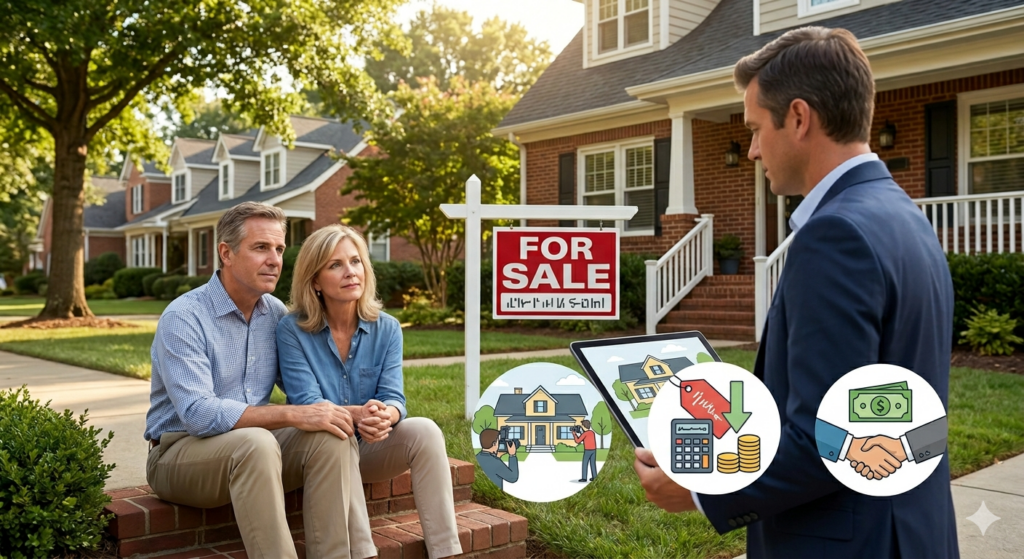 A pensive couple sits on their front steps in a Charlotte neighborhood next to a "For Sale" sign, while a real estate professional presents three clear paths on a tablet: relisting with new photography, a strategic price reduction, and a direct cash offer.