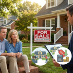 A pensive couple sits on their front steps in a Charlotte neighborhood next to a "For Sale" sign, while a real estate professional presents three clear paths on a tablet: relisting with new photography, a strategic price reduction, and a direct cash offer.