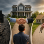 A homeowner stands at a three-way path in front of a suburban home, representing foreclosure, short sale, and as-is cash offer options in North Carolina.