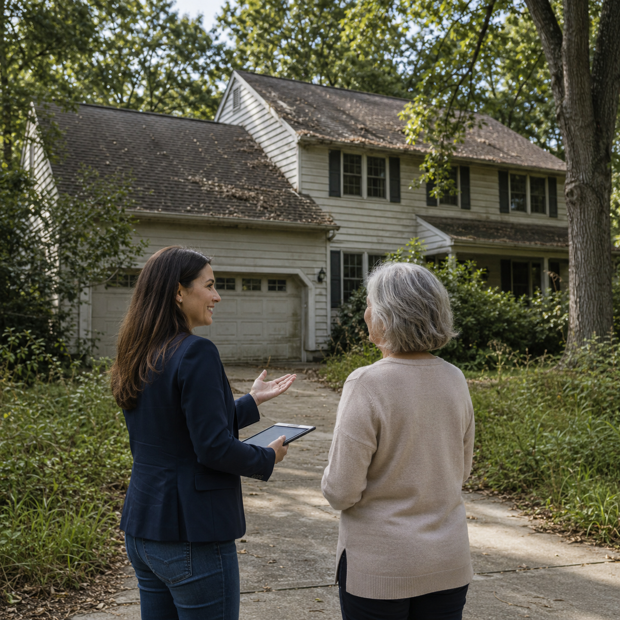 Woman discussing an as-is home sale with a homeowner in front of an older Ballantyne NC home with hardy plank siding, a two-car garage, mature trees, and overgrown landscaping.