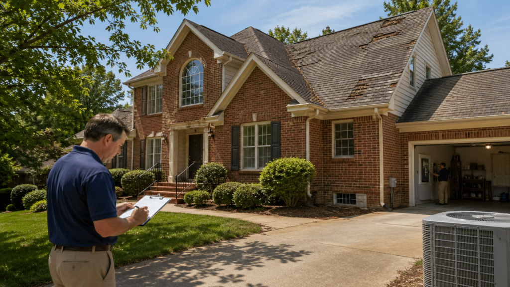 Home inspector reviewing a South Charlotte brick home with an older roof, HVAC unit, crawl space vent, and garage electrical area during a pre-sale inspection.