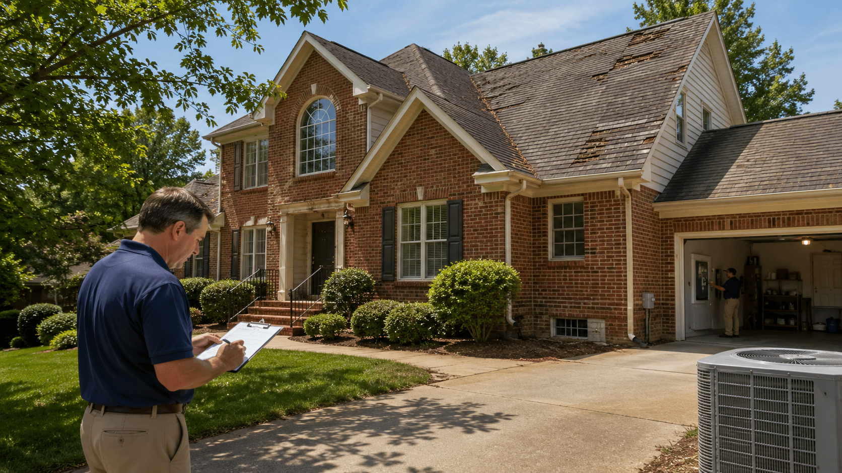 Home inspector reviewing a South Charlotte brick home with an older roof, HVAC unit, crawl space vent, and garage electrical area during a pre-sale inspection.