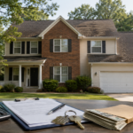 A suburban Charlotte-area home with an aging roof in the background, with a calculator, paperwork, house keys, cash, and a tape measure in the foreground representing how cash home buyers evaluate repairs and make an offer.