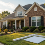 Well-maintained suburban home in the Charlotte, North Carolina area with a real estate sign lying flat in the front yard, symbolizing an expired or withdrawn home listing.