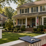Well-kept Ballantyne home with mature landscaping, a blank for-sale sign, and house keys representing as-is home sale options.