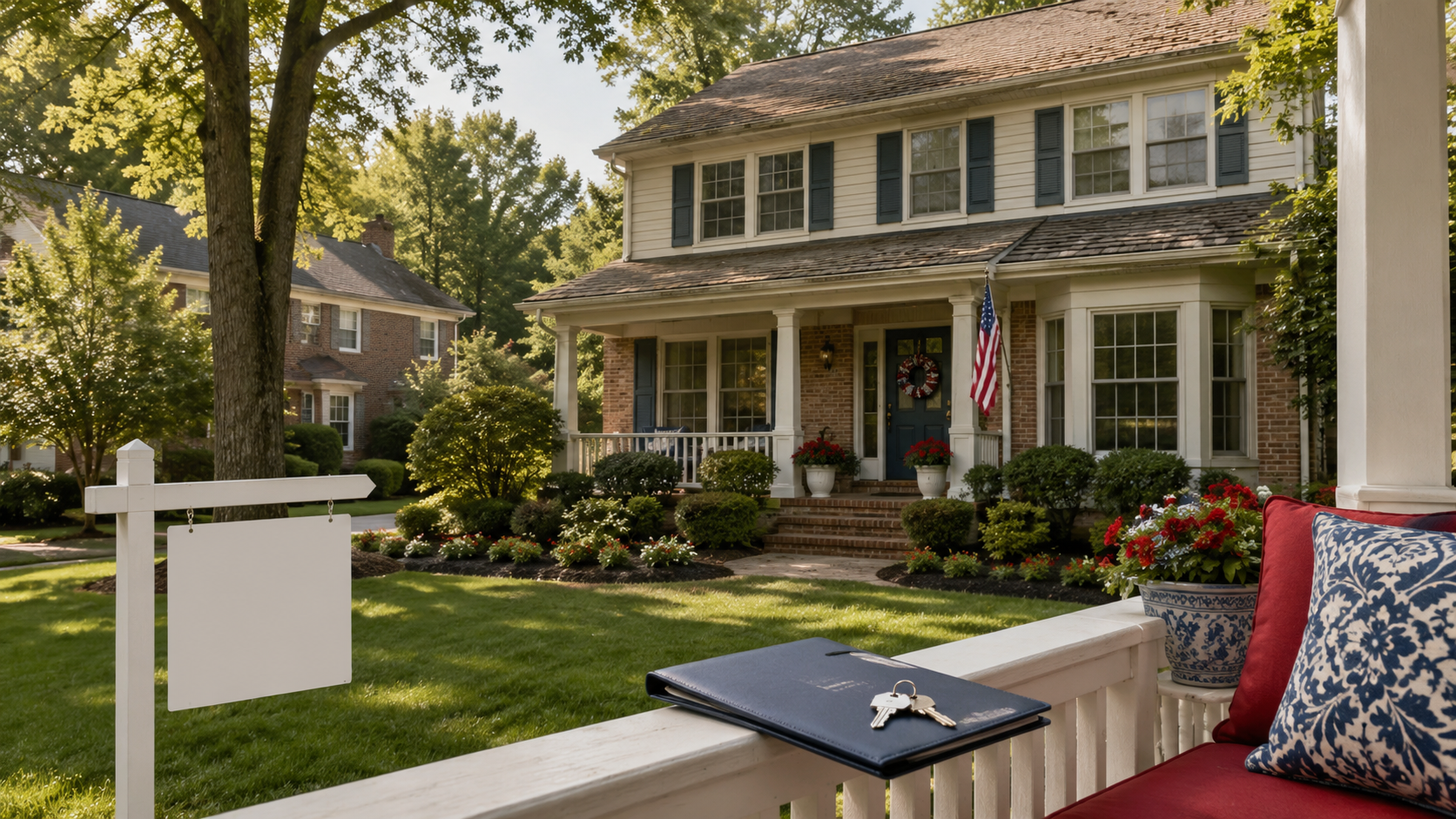 Well-kept Ballantyne home with mature landscaping, a blank for-sale sign, and house keys representing as-is home sale options.