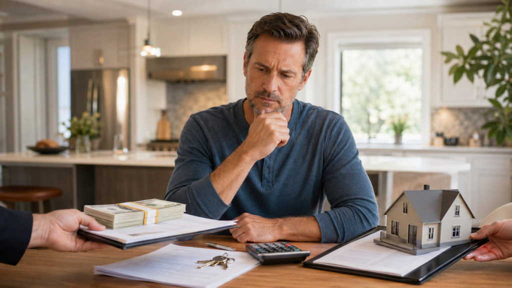 Homeowner reviewing a cash offer, seller documents, calculator, keys, and a model house while comparing options for selling a Ballantyne home.