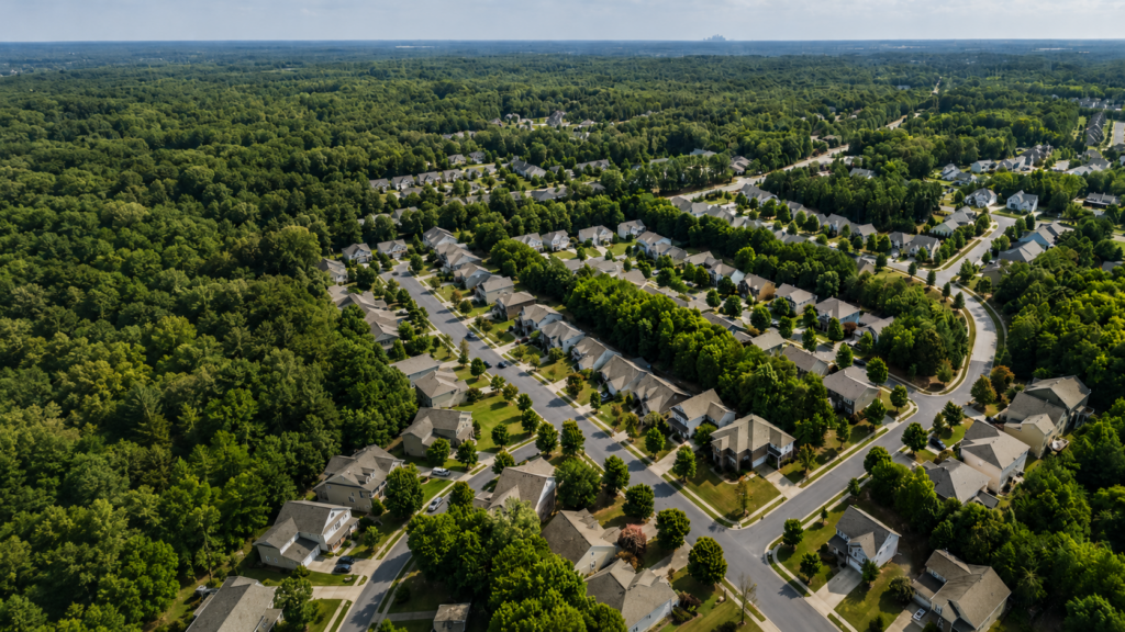 Aerial view of a suburban neighborhood near Charlotte.
