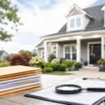 Cash offer documents, envelopes, calculator, and magnifying glass arranged in front of a suburban home