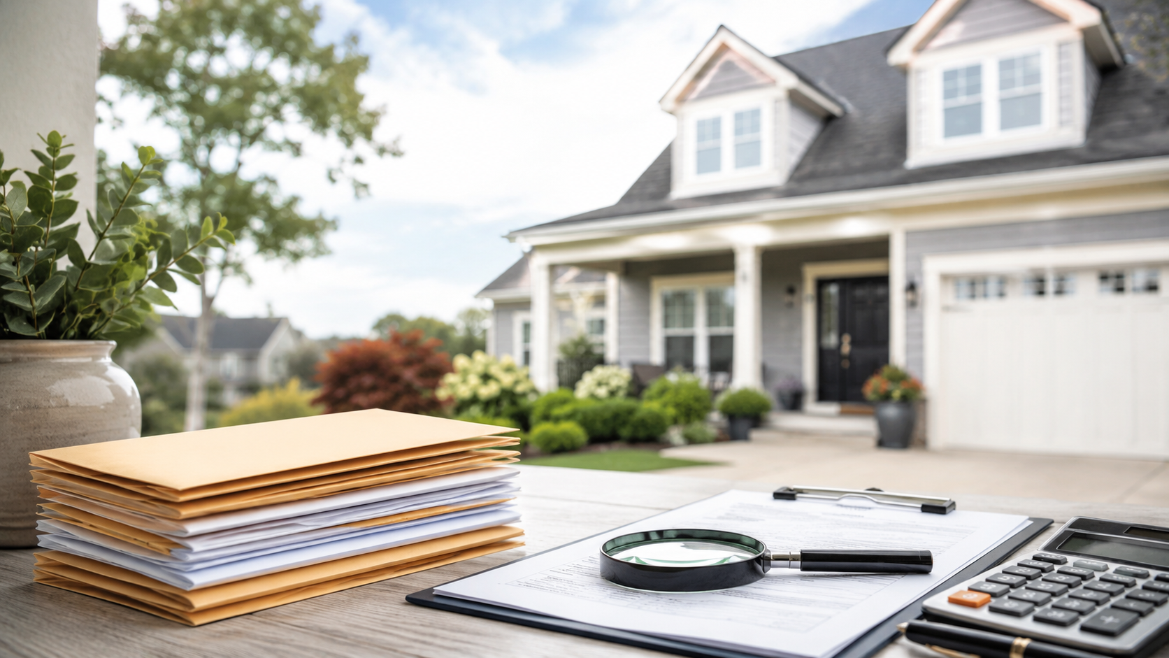 Cash offer documents, envelopes, calculator, and magnifying glass arranged in front of a suburban home