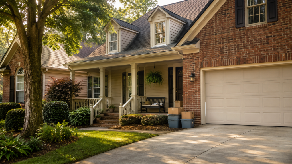 Well-kept Ballantyne-style brick and siding home with mature landscaping and moving boxes near the porch, representing an inherited house and real estate options in South Charlotte.