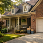 Well-kept Ballantyne-style brick and siding home with mature landscaping and moving boxes near the porch, representing an inherited house and real estate options in South Charlotte.