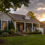A well-kept suburban home with moving boxes and a child’s tricycle near the porch as sunlight breaks through storm clouds.