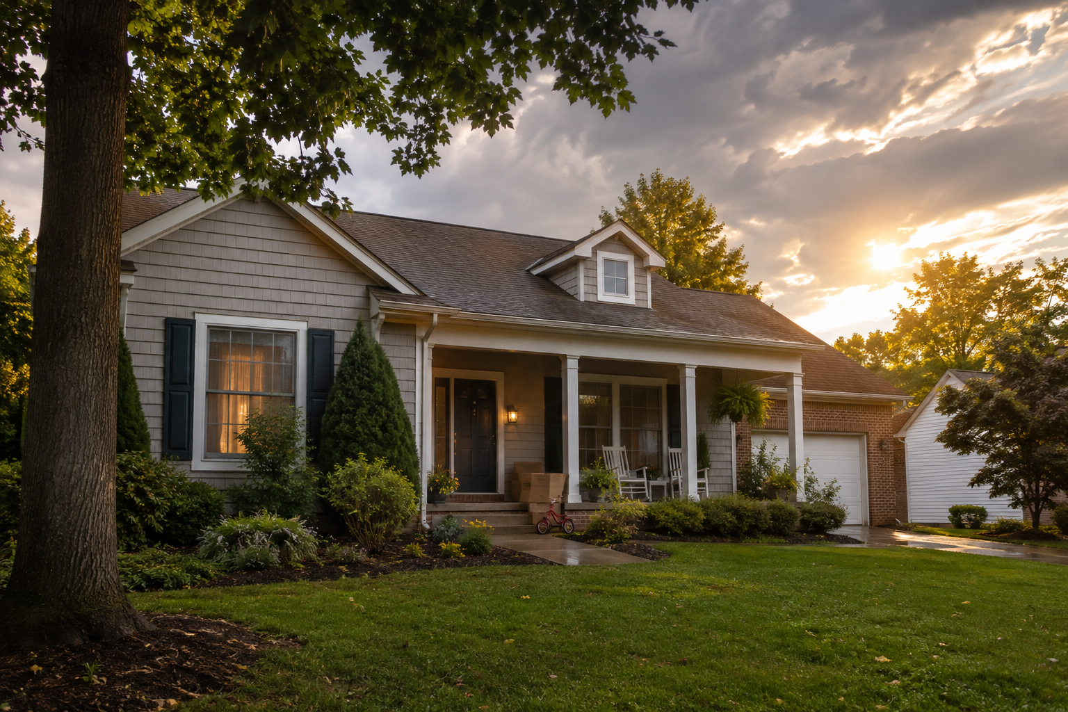 A well-kept suburban home with moving boxes and a child’s tricycle near the porch as sunlight breaks through storm clouds.