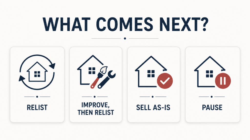 Four options after a home listing expires: relist, improve then relist, sell as-is, or pause.