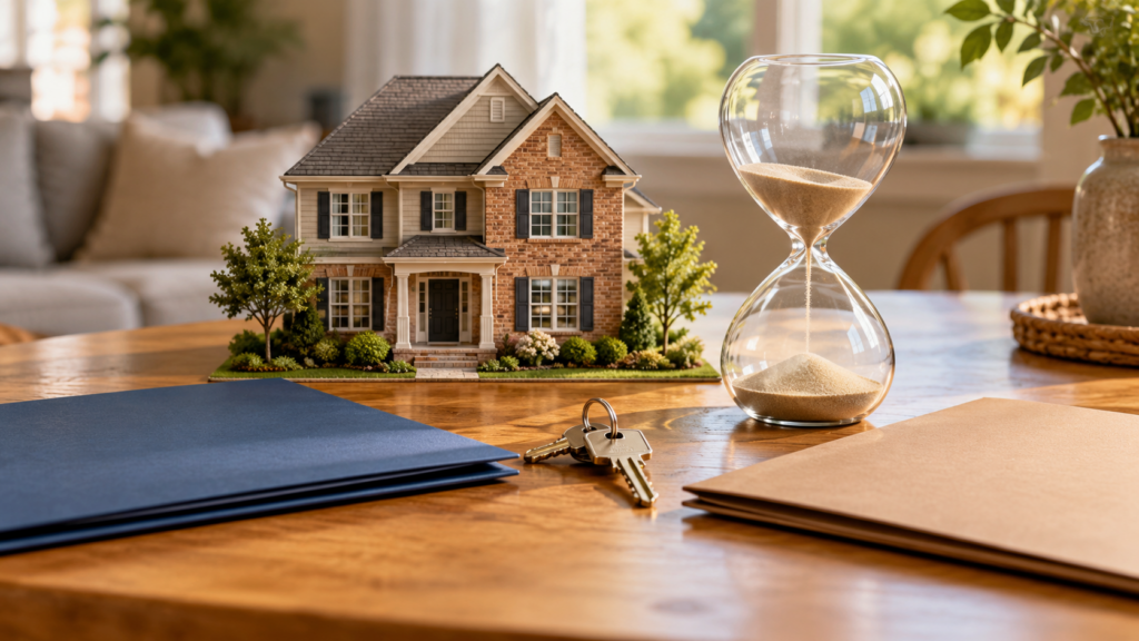 A model brick home beside a running hourglass, house keys, and two folders on a wooden table.