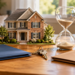 A model brick home beside a running hourglass, house keys, and two folders on a wooden table.