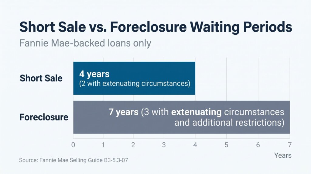 Fannie Mae waiting periods for a new mortgage: four years after a short sale or two with extenuating circumstances, compared with seven years after a foreclosure or three with extenuating circumstances.