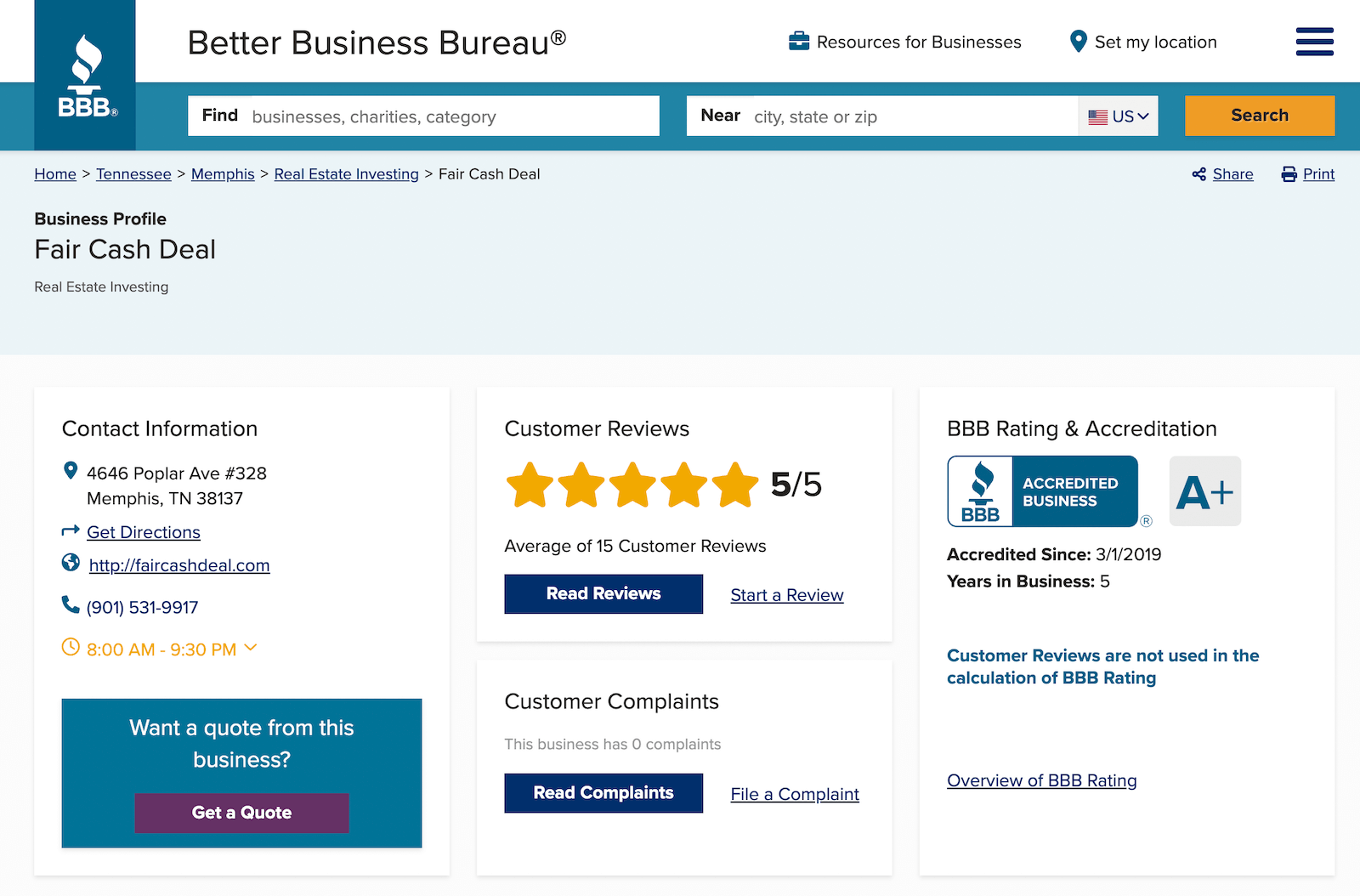 BBB profile Fair Cash Deal